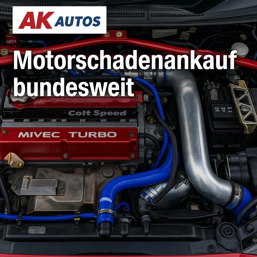 Mitsubishi Turbomotor mit blauen Schläuchen – AK Autos Motorschadenankauf bundesweit