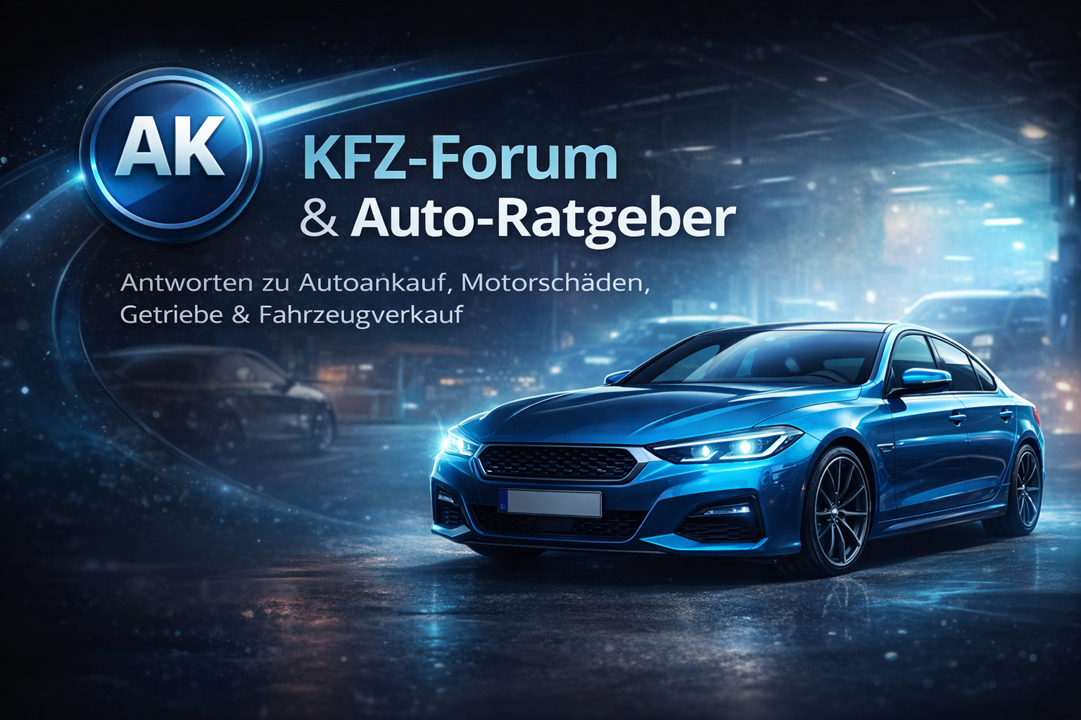 AK Autos KFZ-Forum Hero-Banner: modernes Auto-Ratgeber-Design zu Motorschaden, Getriebe, TÜV und Fahrzeugverkauf