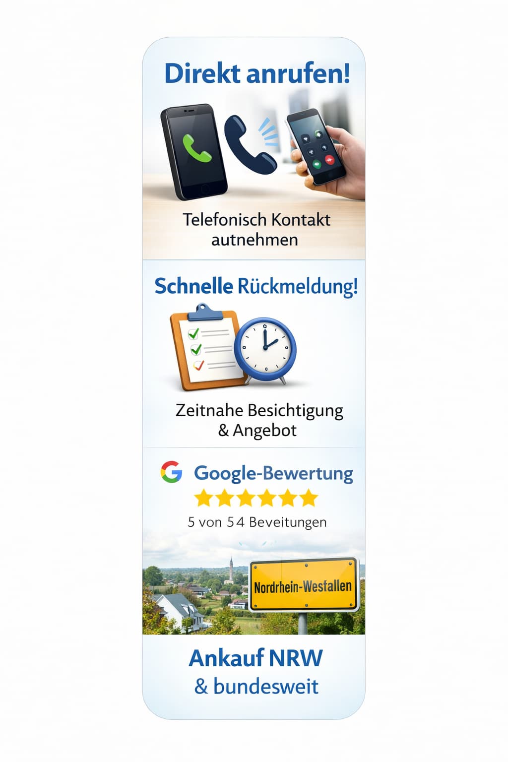 Direkt anrufen, schnelle Rückmeldung, Google-Bewertung und Ankauf NRW bundesweit